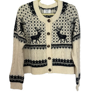 Fair Isle Soft Wool Cable Knit Preppy Cardigan Sweater Size Medium Blue Ivory